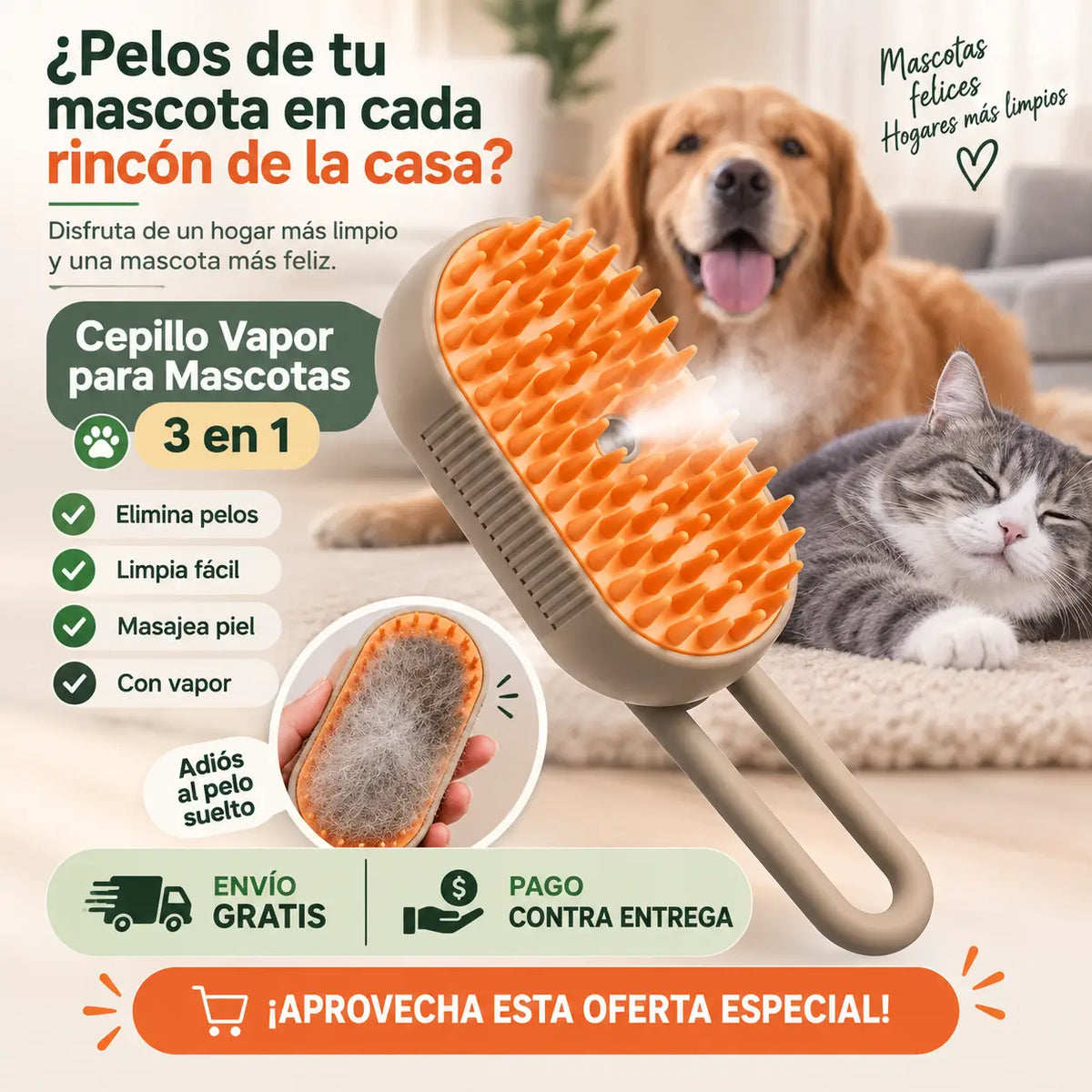 Cepillo Vapor para Mascotas 3 en 1